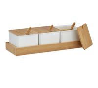 Pots À Épices, Lot De 3, Bocaux, Cuillère Et Couvercle, Plastique, Bambou, Sucrier Sur Plateau, Cuisine, Blanc - Relaxdays