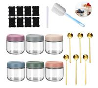Pots D'Avoine de Nuit, Lot de 6 Bocaux à Confiture Hermétiques, 300ML Bocaux en Verre avec Couvercle Hermétique, avec Cuillère, Pinceau, Pots pour Overnight Oats, pour Confiture, Graines