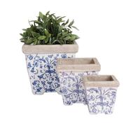 Pots de fleurs carrés en céramique bleue - ESSCHERT DESIGN - Set de 3 - Motifs bleus - Non percés