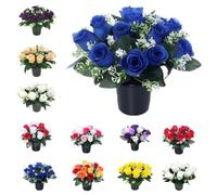 Pots de fleurs funéraires de 25 cm,Fleurs artificielles pour tombes,Pour cimetière et décorations florales,Fleurs funéraires,Résistantes aux intempéries,Design et qualité améliorés,Roses bleues