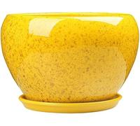 Pots en Céramique De Style Chinois émail De Fleur Jaune Pot en Céramique Récipient Décoratif avec Soucoupe avec Trous De Drainage pour Fleur à L’intérieur, Yellow, 25cm