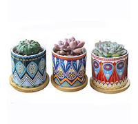 Pots pour succulentes, Pot de Jardinage avec Drainage et Plateau en Bambou Petits Pots pour Plantes Cactus Mini Fleurs Pots avec Soucoupe Pots de Jardin, Lot de 3 (Mandala)