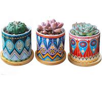 Pots pour succulentes,Pot de Jardinage avec Drainage et Plateau en Bambou Petits Pots pour Plantes Cactus Mini Fleurs Pots avec Soucoupe Pots de Jardin,Lot de 3 (Mandala)