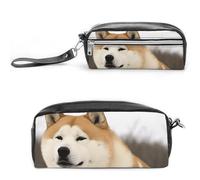 POTSCBVW Akita Trousse à crayons de grande capacité avec deux compartiments, fermeture éclair en cuir, trousse de maquillage de voyage portable pour homme et femme