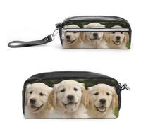POTSCBVW Golden Retriever Puppies Trousse à crayons de grande capacité avec deux compartiments, fermeture éclair en cuir, trousse de maquillage de voyage portable pour homme et femme