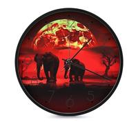 POTSCBVW Horloge murale silencieuse sans tic-tac de 25,4 cm ronde, fonctionne à piles avec kit de montage facile, horloge murale moderne en forme d'éléphants pleine lune rouge pour la maison, le
