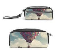 POTSCBVW Hot Air Balloon Fly The Blue Trousse à crayons de grande capacité avec deux compartiments, trousse à crayons en cuir à fermeture éclair, trousse de maquillage de voyage portable pour homme et
