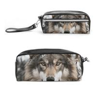 POTSCBVW Lmage of Wolf in The Snow Trousse à crayons de grande capacité avec deux compartiments, fermeture éclair en cuir, trousse de maquillage de voyage portable pour homme et femme