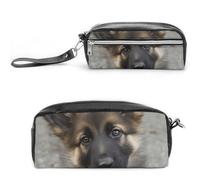 POTSCBVW Trousse à crayons en cuir avec motif chiot berger allemand, grande capacité avec deux compartiments, fermeture éclair, trousse de maquillage de voyage portable pour homme et femme