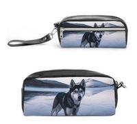 POTSCBVW Trousse à crayons Husky Dog on a Frozen Lake - Grande capacité avec deux compartiments - Trousse à crayons en cuir avec fermeture éclair - Trousse de maquillage de voyage portable pour homme