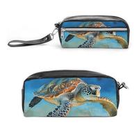 POTSCBVW Trousse à crayons tortue de mer de grande capacité avec deux compartiments, trousse à crayons en cuir à fermeture éclair, trousse de maquillage de voyage portable pour homme et femme