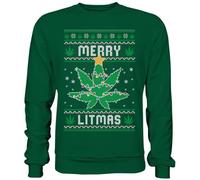 Pottbengel - Weed Marijuana Merry Litmas Ugly Christmas Sweater Pull de Noël amusant pour homme - Sweat-shirt basique, vert bouteille, L