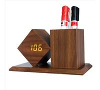 POTUBI Réveil numérique, Horloge de Bureau LED multifonctionnelle avec Calendrier température LCD, réglage la luminosité à 3 Niveaux, Activation sonore, Porte-Stylo(1) Brown-White