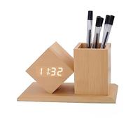 POTUBI Réveil numérique, Horloge de Bureau LED multifonctionnelle avec Calendrier température LCD, réglage la luminosité à 3 Niveaux, Activation sonore, Porte-Stylo(2) Yellow-White