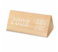 POTUBI Réveil numérique, réveil en Bois, Affichage de l'heure, la Date, température et l'humidité, Activation sonore 12/24 h, 3 réglages d'alarme(1) Yellow+White