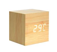 POTUBI Réveil numérique, réveil en Bois - Mini Horloge LED Cube avec Affichage de l'heure/Date/température(2 Yellow+White)
