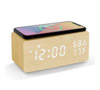 POTUBI Réveil numérique, réveil LED en Bois avec Chargement sans Fil, Affichage de la température et l'humidité (Blanc)(Yellow)
