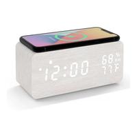 POTUBI Réveil numérique, réveil LED en Bois avec Chargement sans Fil, Affichage de la température et l'humidité (Blanc)(White)