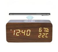POTUBI Réveil numérique, réveil LED en Bois avec Chargement sans Fil, Affichage de la température et l'humidité (Blanc)(Brown)