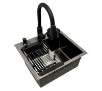 POTYYH Évier de cuisine, 45 x 40 cm, encastrable, en acier inoxydable, noir, avec lave-vaisselle à tasses, égouttoir, distributeur de savon et robinet extensible, 1 bac