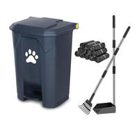 Poubelle à déjections canines pour l'extérieur avec couvercle, pédale mains libres, récipient en PVC durable, pour jardin, maison, cour avec bac à déjections canines et râteau, 180 sacs poubelle noirs