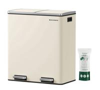Poubelle à Double Compartiment 2 x 30L, avec 15 Sacs Poubelles, 2 Seaux en Plastique, Fermeture en Douceur, Hermétique, Crème