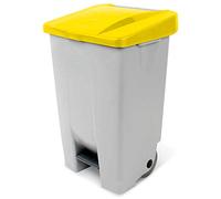 Poubelle à pédale avec roues, capacité 80 litres, HxLxP 740 x 490 x 420 mm, gris corpus, couvercle jaune