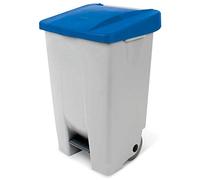 Poubelle à pédale avec roulettes, capacité 80 litres, HxLxP 740 x 490 x 420 mm, corps gris, couvercle bleu