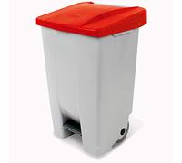 Poubelle à pédale avec roulettes, capacité 80 litres, HxLxP 740 x 490 x 420 mm, corps gris, couvercle rouge