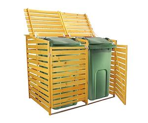 Poubelle à roulettes Double en Bois avec Couvercle à charnière verrouillable pour extérieur - pour Bois de Chauffage et Outils de Jardin