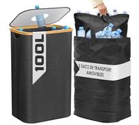Poubelle de Cuisine 100L - Poubelle de Recyclage avec 2 Sacs de Transport XXL - Poubelle Tri avec Sac de Transport Supplémentaire - Poubelle 100l Cuisine avec Trou - Poubelle Plastique (Noir)