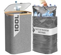 Poubelle de Cuisine 100L - Poubelle de Recyclage avec 2 Sacs de Transport XXL - Poubelle Tri avec Sac de Transport Supplémentaire - Poubelle 100l Cuisine avec Trou - Poubelle Plastique (Gris)