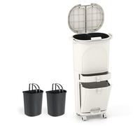 Poubelle de Cuisine COSTWAY 42 L - 3 Compartiment Tri Selectif et 1 Tiroir de Rangement Beige