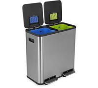 Poubelle rectangulaire de 80 litres mains libres à double compartiment de recyclage avec couvercle simple à fermeture amortie, en acier inoxydable (capacité de 40 L x 40 L), finition en acier