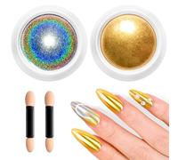 Poudre Chrome Ongle Doré Argent: BISHENGYF Miroir Effet Holo Poudre Ongle, 2PCS Ongle Poudre Paillettes Metal Ongle Aurora Chrome Nail Powder Pigment Ongle Nail Art Pailletée Facile DIY Salon Déco Kit