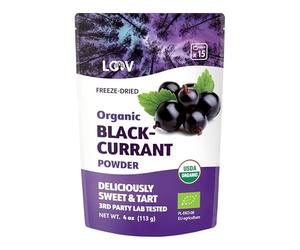 Poudre de cassis bio LOOV, élaborée à partir de cassis entiers 100%, baies biologiques lyophilisées et réduites en poudre, cultivées en Europe du Nord, sans sucre ajouté, 113 g