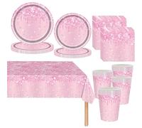 Poudre Légère Vaisselle de fete 81 Pièces Rose Jetables Anniversaire Vaisselle Papier Assiettes Papier Tasses Serviettesr Nappe,pour Anniversaire Fête Mariages Fête de Baby Shower -20 Invités