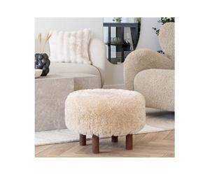 Pouf 50x33 cm effet fourrure beige et pieds en pin marron