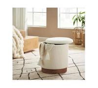 Pouf avec coffre de rangement - Sicaan - JULIETTE - D.38cm x H.42cm - Tissu bouclette - Blanc et base bois foncé