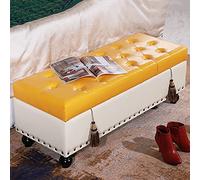 Pouf de rangement élégant en simili cuir crème et jaune - Repose-pieds multifonction pour salon et chambre à coucher - Solution d'économie d'espace pour bout de lit - 60 x 40 cm