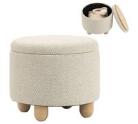 HOMCOM Pouf Coffre de Rangement Rond en Toile de Jute Ø38,5x33,5 cm Beige | Repose-Pieds avec Couvercle, Pieds Bois Hévéa, Tabouret de Rangement, Chambre Couloir Salon