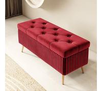 Pouf de Rangement Moderne en Velours - Tabouret Repose-Pieds capitonné pour Salon et entrée - Élégant Banc Rouge avec Pieds en métal doré (60x40x45cm)
