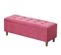Pouf de rangement pliable en tissu de lin rose avec couvercle à charnière et pieds en bois massif, tabouret à langer polyvalent et siège de chevet pour chambre à coucher et salon (100,1 cm)