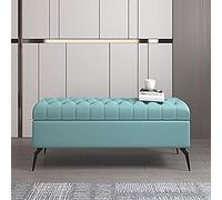 Pouf de rangement rectangulaire en bois massif avec compartiment caché et banc en cuir rembourré Marron clair 100 x 40 x 45 cm Accent bleu 80 x 40 x 4 cm