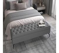 Pouf De Rangement Rectangulaire, Pouf en Bois Massif avec Rangement, Banc De Rangement Rembourré en Cuir, Banc De Chambre,Gris,80X40X45Cm(31X16X18Inch)