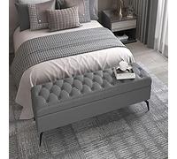 Pouf De Rangement Rectangulaire, Pouf en Bois Massif avec Rangement, Banc De Rangement Rembourré en Cuir, Banc De Chambre,Gris,90X40X45Cm(35X16X18Inch)