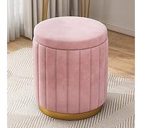 Pouf de rangement rond en velours - Repose-pieds rembourré avec base dorée, grande capacité, décoration d'intérieur élégante, 34 x 34 x 45 cm, rose pâle