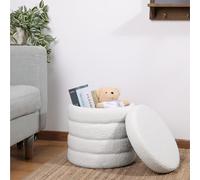 Pouf de rangement rond moderne en bouclette blanc crème - Repose-pieds nervuré à étages avec rangement caché élégant pour coiffeuse ou décoration de salon, meuble d'intérieur polyvalent