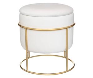 Pouf et Coffre de Rangement en Velours Blanc Ivoire et Support en métal D 42 x H 44 cm - Atmosphera