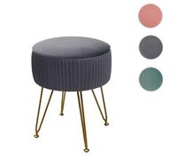 Pouf HWC-K47, tabouret avec compartiment de rangement, Ø 33cm, aspect velours gris clairs, piètement or